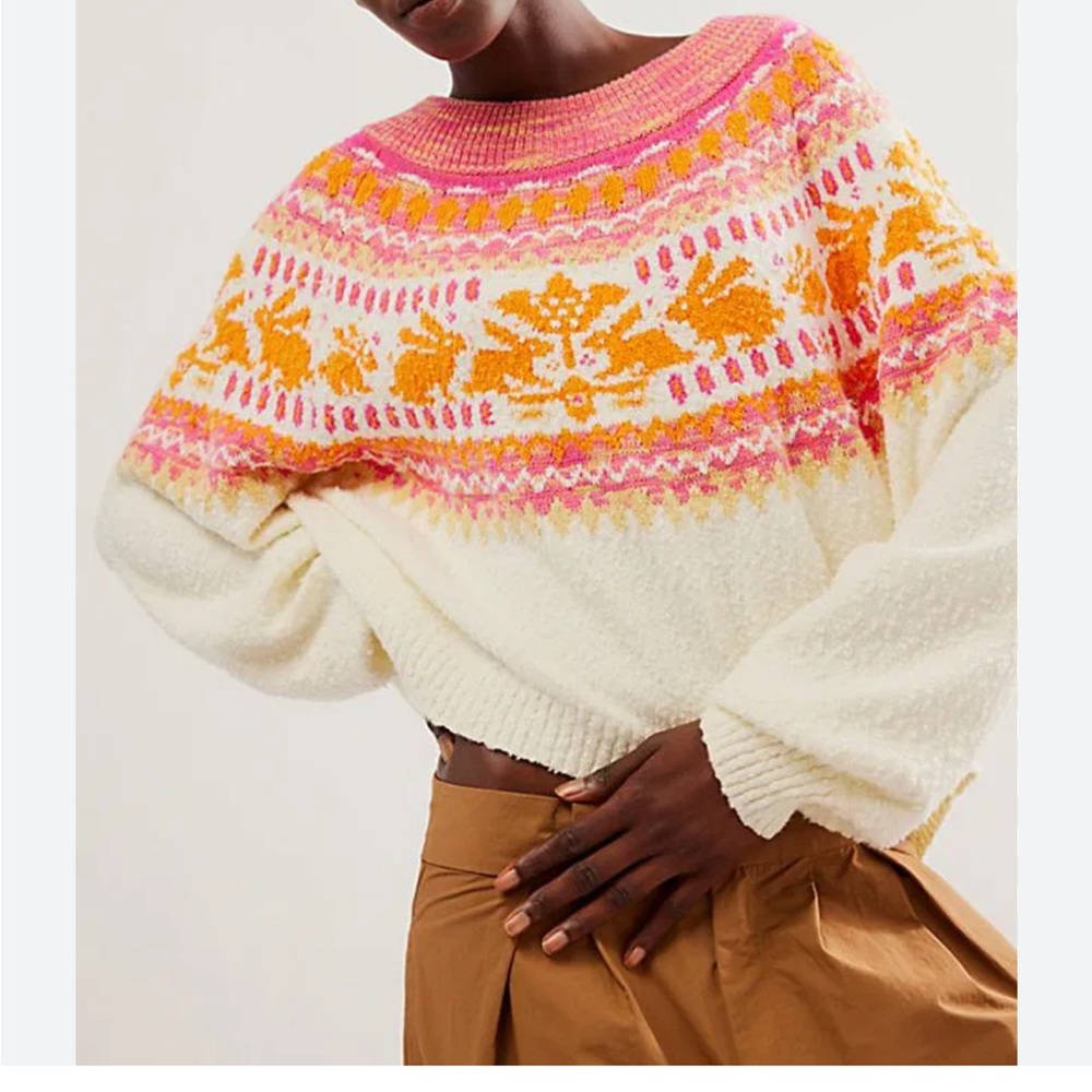 Free People Pink and Orange Patterned Sweater